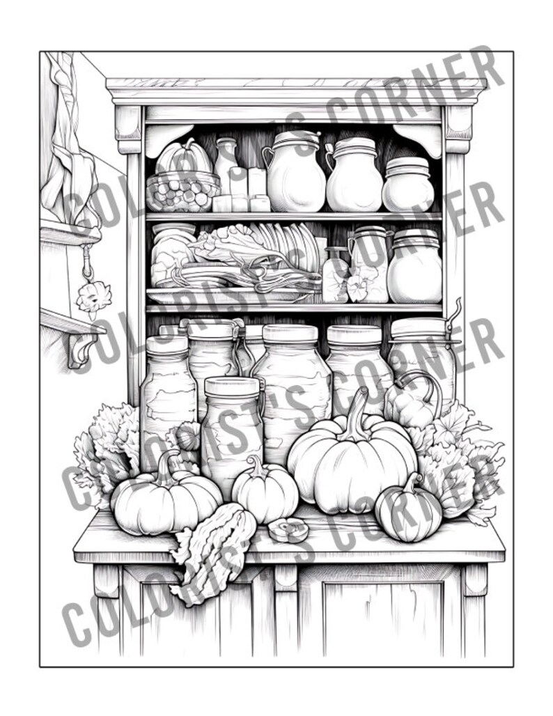 May include: A black and white illustration of a vintage wooden cabinet with shelves filled with jars and other items. The cabinet is sitting on a table with several pumpkins and gourds in front of it.