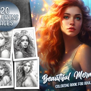 20 pages Beautiful Mermaids Coloring Book - Portrait Adult Coloring Pages, Instant Download, Grayscale Coloring Book, Printable PDF File