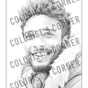 May include: A black and white pencil drawing of a man with a beard and a smile. He is wearing a jacket with a fur collar.