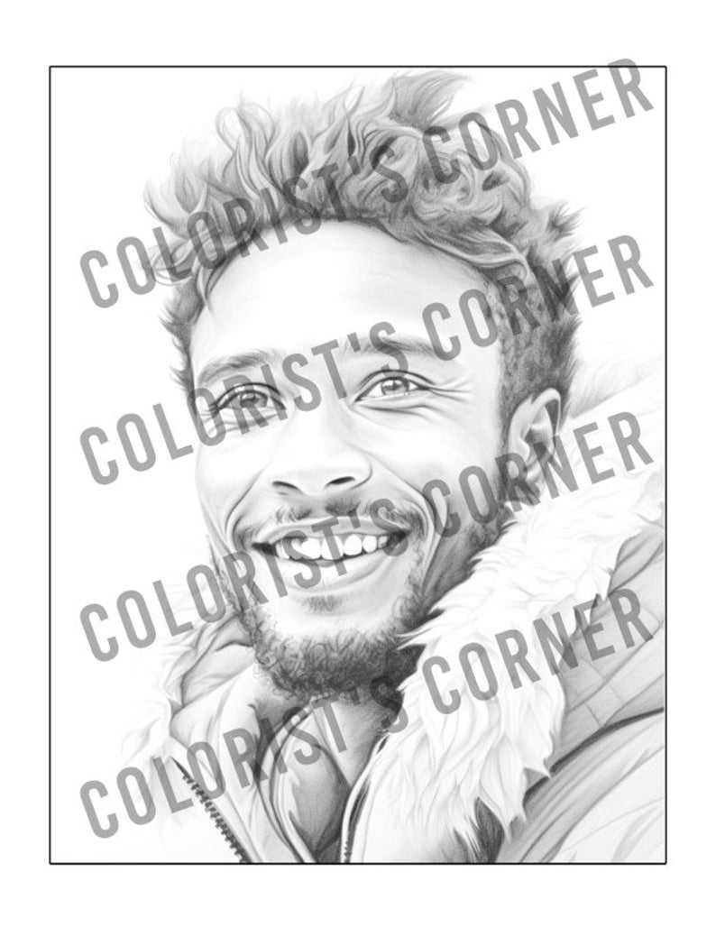 May include: A black and white pencil drawing of a man with a beard and a smile. He is wearing a jacket with a fur collar.