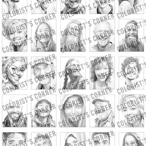 May include: A collection of 25 black and white pencil drawings of people's faces. The drawings are all in a realistic style and show a variety of expressions.
