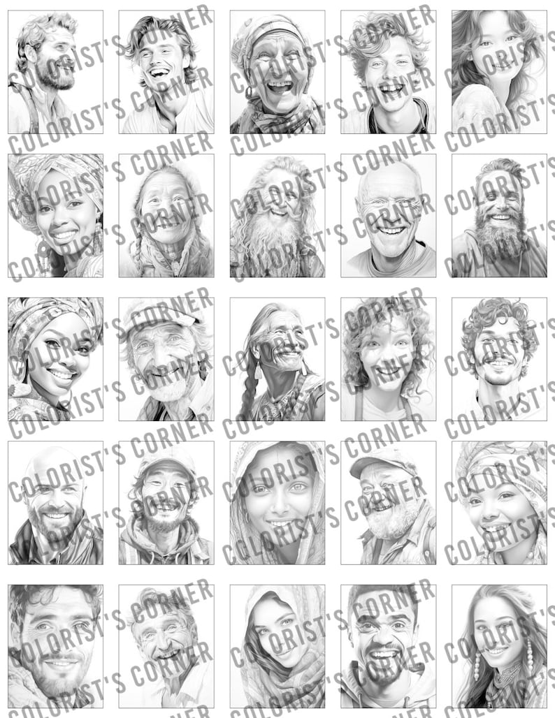 May include: A collection of 25 black and white pencil drawings of people's faces. The drawings are all in a realistic style and show a variety of expressions.