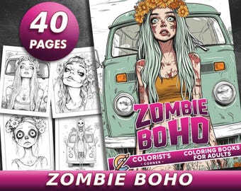 40 Pages Zombie Boho Coloring Book Adult Coloring Pages, Horror Portrait Coloring Book, Instant Download, Printable PDF File
