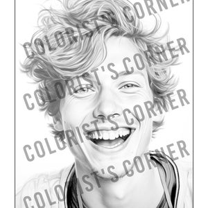 May include: A black and white pencil drawing of a person with short, wavy hair smiling broadly. The person is wearing a dark shirt.