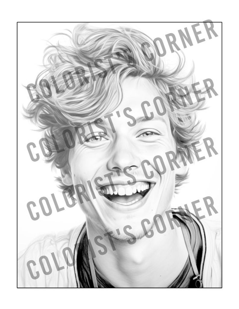 May include: A black and white pencil drawing of a person with short, wavy hair smiling broadly. The person is wearing a dark shirt.