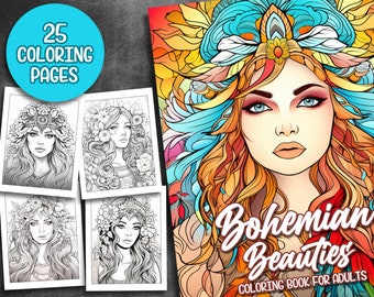 25 Pages Boho Bohemian Beauties Coloring Book Adult Coloring Pages, Instant Download, Light Grayscale Coloring Book, Printable PDF File