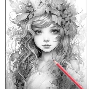 26 Pages Cute Forest Girls Coloring Book Adult Coloring Pages, Instant Download, Grayscale Coloring Book, Printable PDF File image 6