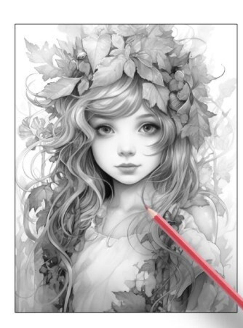 26 Pages Cute Forest Girls Coloring Book Adult Coloring Pages, Instant Download, Grayscale Coloring Book, Printable PDF File image 6
