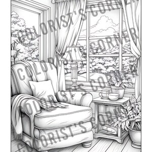 May include: A black and white illustration of a living room with a large armchair, a side table with a cup and saucer, and a window with a view of trees and a cloudy sky.