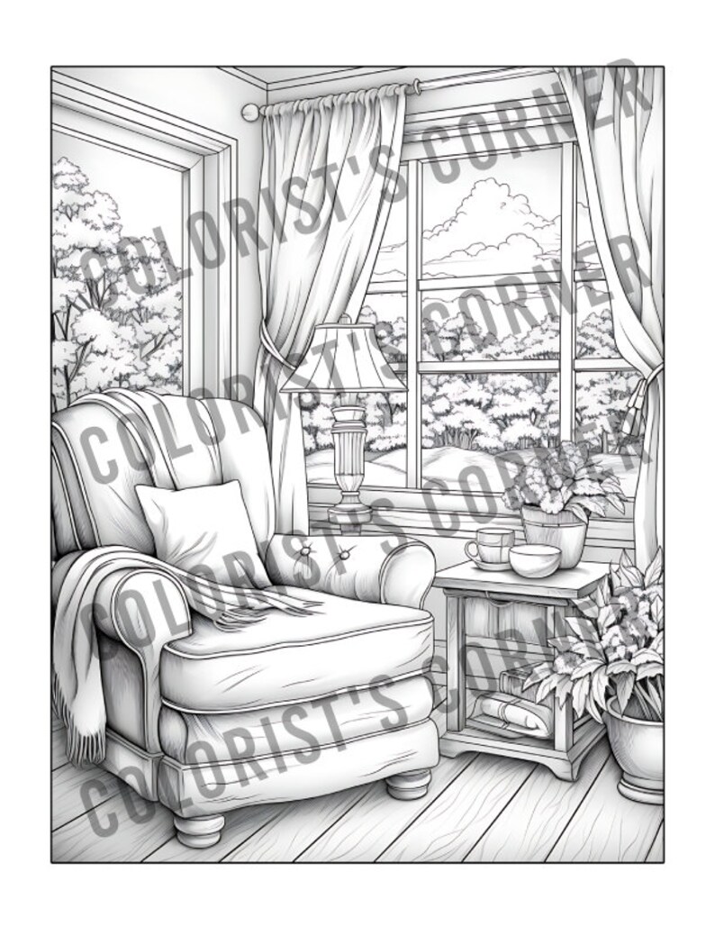 May include: A black and white illustration of a living room with a large armchair, a side table with a cup and saucer, and a window with a view of trees and a cloudy sky.