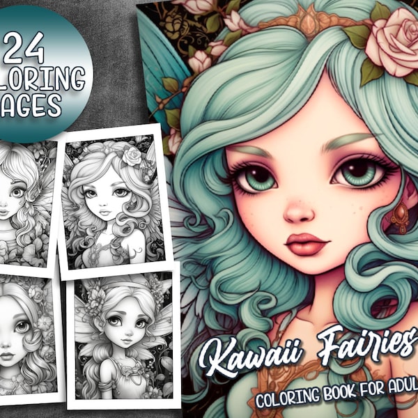 24 Kawaii Fairies Coloring Book - Adult Coloring Pages, Kids Coloring Book, Instant Download, Grayscale Coloring Book, Printable PDF File