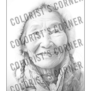 May include: A black and white pencil drawing of an elderly woman with a kind smile. She is wearing a hooded jacket and has a braid in her hair. She is wearing a necklace with a pendant.