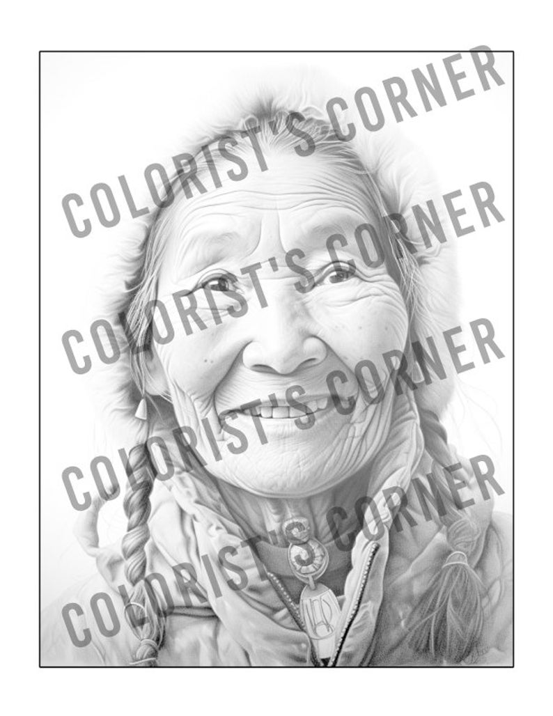 May include: A black and white pencil drawing of an elderly woman with a kind smile. She is wearing a hooded jacket and has a braid in her hair. She is wearing a necklace with a pendant.
