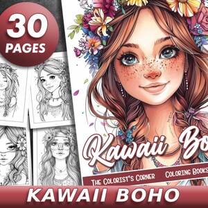 Puede incluir: Libro para colorear Kawaii Boho para adultos con 30 p&aacute;ginas que presenta a una chica con una corona de flores y un estilo boho caprichoso. La portada presenta el texto "Kawaii Boho" y "The Colorist's Corner Coloring Books for Adults".