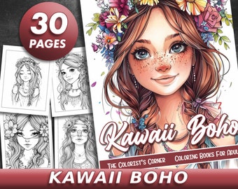 30 pagina's Kawaii Boho kleurboek volwassen kleurplaten, portret kleurboek Instant Download grijswaarden kleurboek, afdrukbaar PDF-bestand