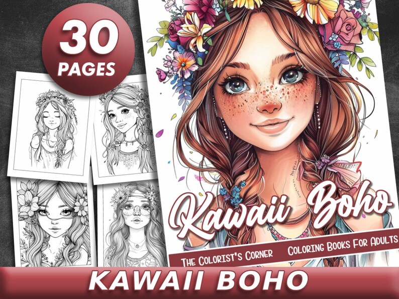 Puede incluir: Libro para colorear Kawaii Boho para adultos con 30 p&aacute;ginas que presenta a una chica con una corona de flores y un estilo boho caprichoso. La portada presenta el texto "Kawaii Boho" y "The Colorist's Corner Coloring Books for Adults".
