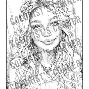 May include: A black and white line drawing of a woman with long, flowing hair. She is wearing a necklace with a heart pendant. The woman has a gentle smile and appears to be looking off to the side.