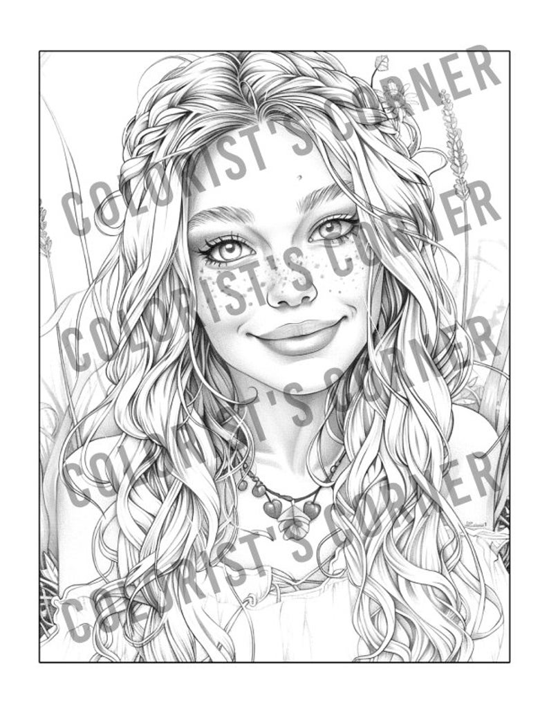 May include: A black and white line drawing of a woman with long, flowing hair. She is wearing a necklace with a heart pendant. The woman has a gentle smile and appears to be looking off to the side.