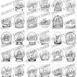 May include: A set of 16 black and white illustrations of snow globes with various winter scenes. The scenes include a snowman, a house, a deer, a train, a cat, a Christmas tree, and a girl with angel wings.