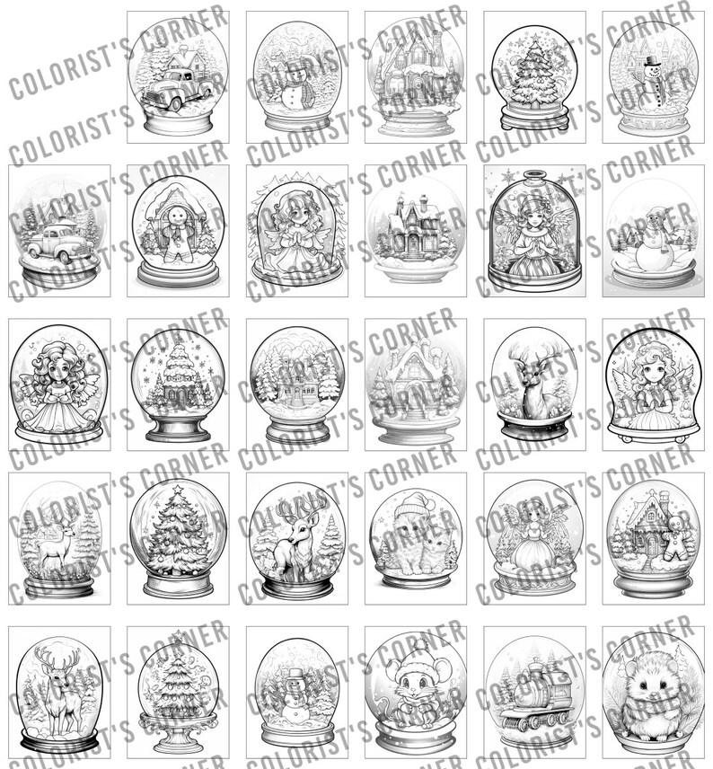 May include: A set of 16 black and white illustrations of snow globes with various winter scenes. The scenes include a snowman, a house, a deer, a train, a cat, a Christmas tree, and a girl with angel wings.