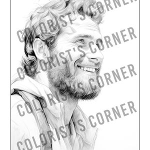 May include: A black and white pencil drawing of a man with a beard and a smile. He is wearing a jacket and has a backpack on. The drawing is done in a realistic style.
