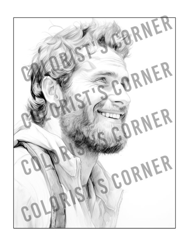 May include: A black and white pencil drawing of a man with a beard and a smile. He is wearing a jacket and has a backpack on. The drawing is done in a realistic style.