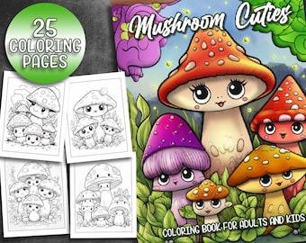 25 ページの「マッシュルーム キューティーズ ぬり絵」 - 愛らしい大人のぬり絵、即時ダウンロード、ライト グレースケールのぬり絵、印刷可能な PDF ファイル