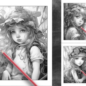 26 Pages Cute Forest Girls Coloring Book Adult Coloring Pages, Instant Download, Grayscale Coloring Book, Printable PDF File image 2