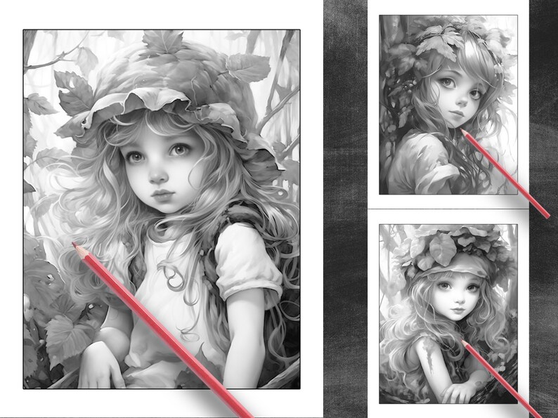 26 Pages Cute Forest Girls Coloring Book Adult Coloring Pages, Instant Download, Grayscale Coloring Book, Printable PDF File image 2