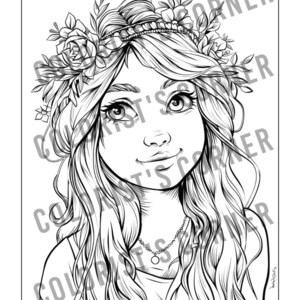 Puede incluir: Ilustraci&oacute;n en blanco y negro de una mujer con el pelo largo y ondulado que lleva una corona de flores y un collar.
