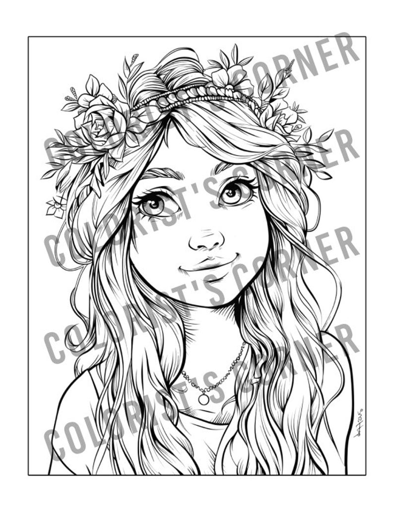 Puede incluir: Ilustraci&oacute;n en blanco y negro de una mujer con el pelo largo y ondulado que lleva una corona de flores y un collar.