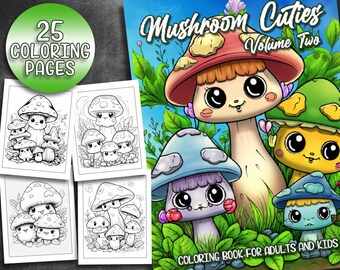 25 ページ マッシュルーム キューティーズ ぬり絵 2 - 愛らしい大人のぬり絵ページ、即時ダウンロード、ライト グレースケールのぬり絵、印刷可能な PDF