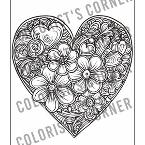 Op de afbeelding: Zwart-witte lijntekening van een hartvormig ontwerp gevuld met bloemen, harten en wervelende patronen. De woorden "COLORIST'S CORNER" staan diagonaal over de afbeelding.