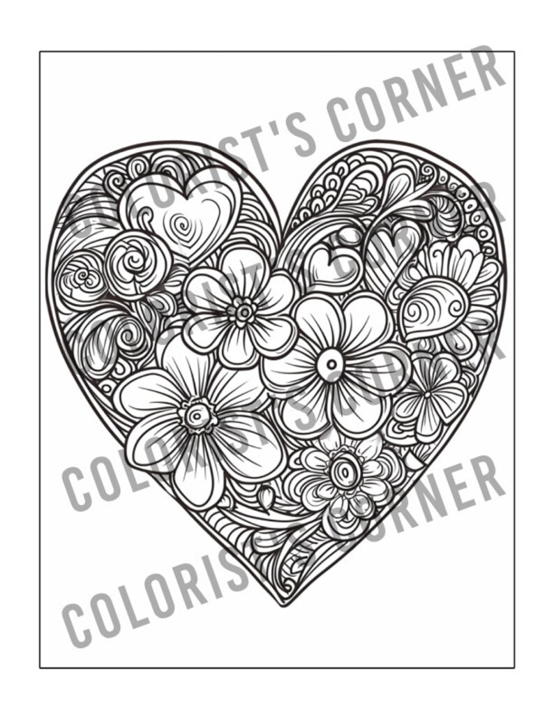 Op de afbeelding: Zwart-witte lijntekening van een hartvormig ontwerp gevuld met bloemen, harten en wervelende patronen. De woorden "COLORIST'S CORNER" staan diagonaal over de afbeelding.