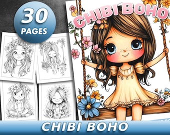 30 Pages Chibi Boho Coloring Book Adult Coloring Pages, Portrait Coloring Book, Instant Download, Printable PDF File