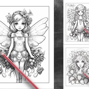 Op de afbeelding: Een zwart-witte lijntekening van een fee met vleugels, een bloemenkrans en een jurk. De fee houdt een bos bessen in haar hand. De tekening is omringd door bessen en wijnstokken.