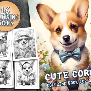 Cute Corgis Coloring Book - Adult Coloring Pages,  Instant Download, Grayscale Coloring Book, Printable PDF File