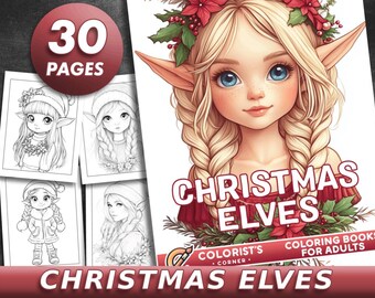 30 ページのクリスマス エルフの塗り絵 大人の塗り絵ページ、エルフの塗り絵、肖像画の塗り絵、印刷可能な PDF ファイル