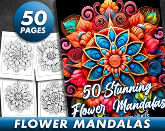 50 Pages Stunning Flower Mandalas Coloring Book - Adult Coloring Pages, Adult Coloring Book Detailed and Intricate Mandalas