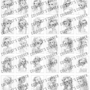 Peut inclure: Un ensemble de 25 pages &agrave; colorier imprimables en noir et blanc repr&eacute;sentant des illustrations de femmes avec diff&eacute;rentes coiffures et des accents floraux. Le texte "COLORIST'S CORNER" est r&eacute;p&eacute;t&eacute; sur toute l'image.