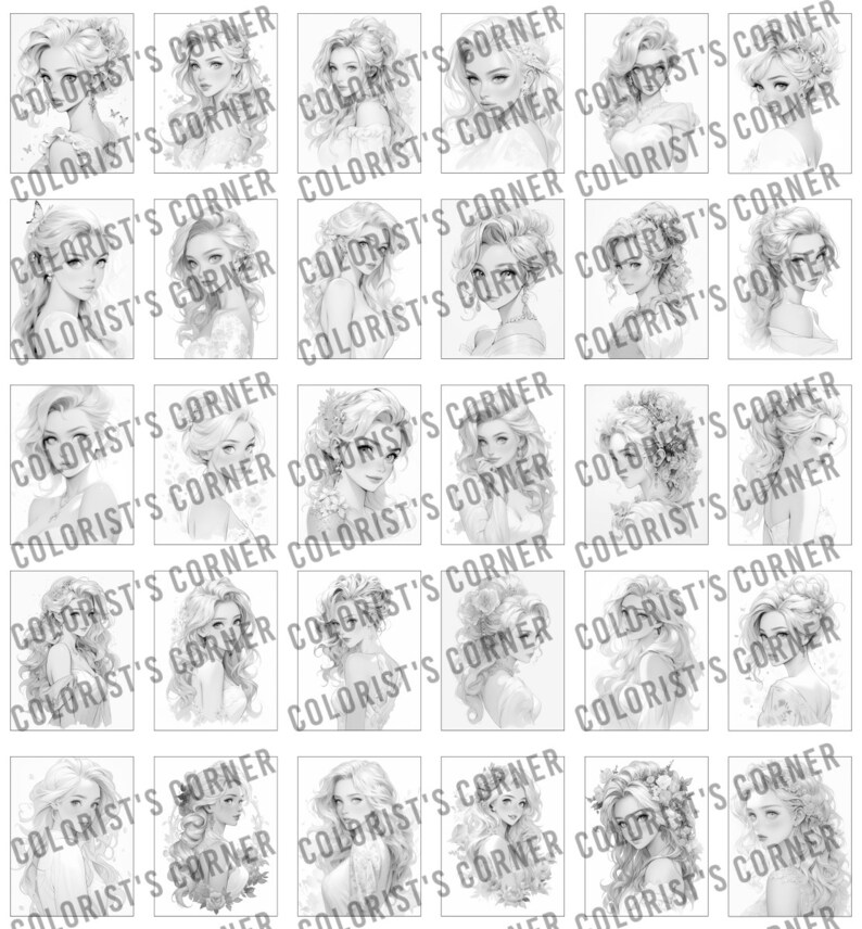Peut inclure: Un ensemble de 25 pages &agrave; colorier imprimables en noir et blanc repr&eacute;sentant des illustrations de femmes avec diff&eacute;rentes coiffures et des accents floraux. Le texte "COLORIST'S CORNER" est r&eacute;p&eacute;t&eacute; sur toute l'image.