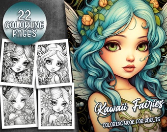 22 Kawaii Fairies kleurboek - volwassen kleurplaten, kleurboek voor kinderen, Instant Download, grijswaarden kleurboek, afdrukbaar PDF-bestand