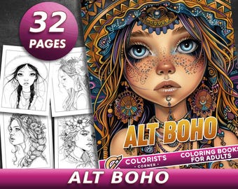 32 Pages Alt Boho Coloring Book Adult Coloring Pages, Portrait Coloring Book, Instant Download, Grayscale Coloring Book, Printable PDF File