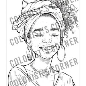 May include: A black and white line drawing of a woman with curly hair wearing a headscarf and a necklace. She is smiling with her eyes closed.
