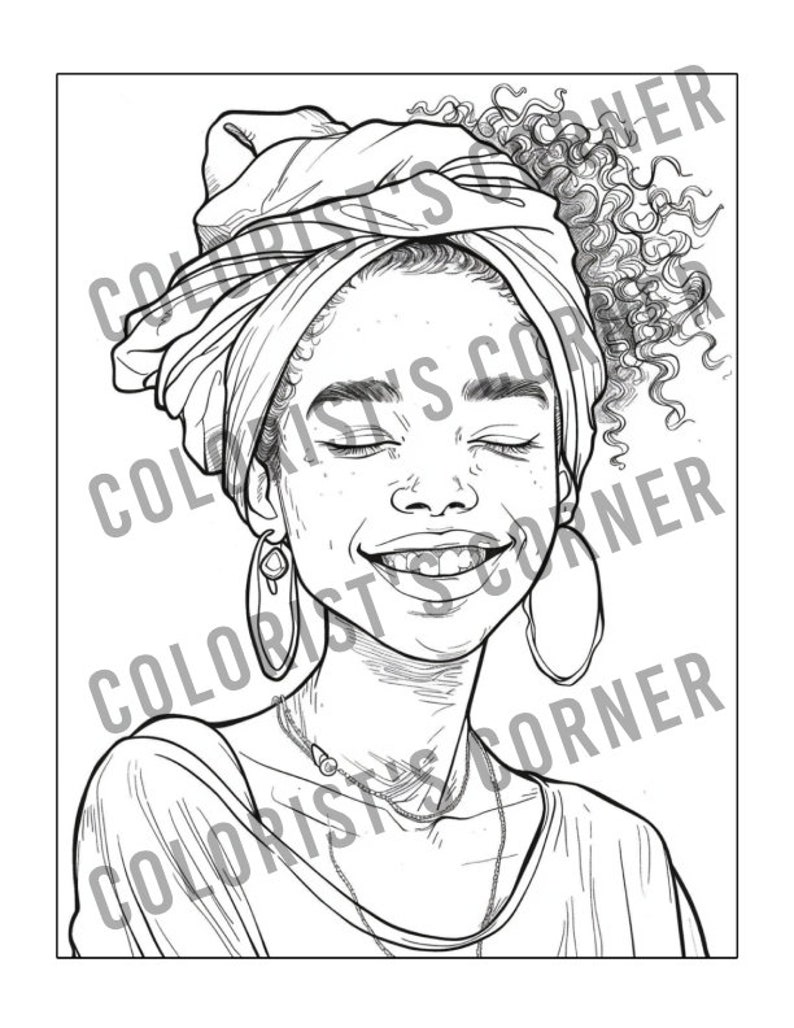 May include: A black and white line drawing of a woman with curly hair wearing a headscarf and a necklace. She is smiling with her eyes closed.