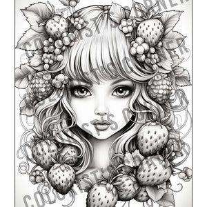 Op de afbeelding: Een zwart-witte illustratie van een vrouw met lang, golvend haar. Haar haar is versierd met aardbeien en frambozen. De vrouw heeft delicate gelaatstrekken en grote, expressieve ogen.