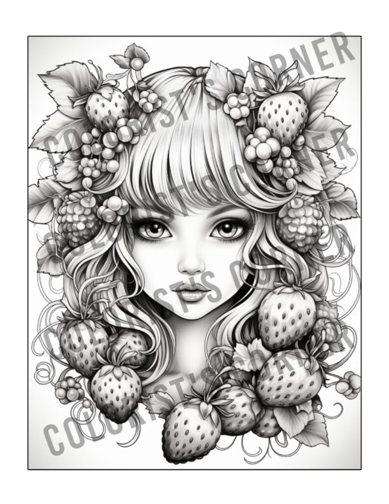 Op de afbeelding: Een zwart-witte illustratie van een vrouw met lang, golvend haar. Haar haar is versierd met aardbeien en frambozen. De vrouw heeft delicate gelaatstrekken en grote, expressieve ogen.