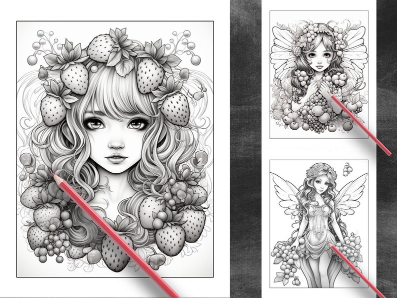 Op de afbeelding: Drie zwart-wit illustraties van fee&euml;n met vleugels en bloemenkransen. Elke fee is omringd door bessen en aardbeien.