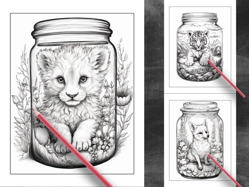 Może przedstawiać: Czarno-biała ilustracja lwiątka w szklanym słoiku otoczonym kwiatami i zielenią.