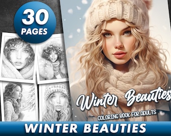 30 Pages Winter Beauties Coloring Book Adult Coloring Pages, Christmas Portrait Coloring Book, Grayscale Coloring Book, Printable PDF File